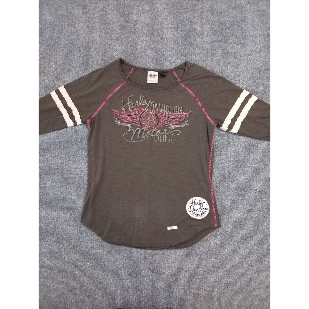 Harley Davidson Womens Medium Brown Graphic Raglan Shirt 3/4 Sleeve. Distressed